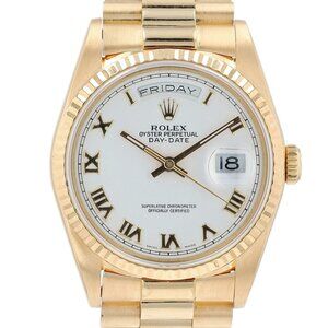 Rolex Day-Date 18238 36mm White Roman Dial Fluted Bezel President Band